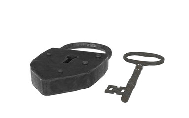 Antique silver plated metal padlock on white background