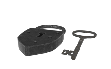 Antique silver plated metal padlock on white background