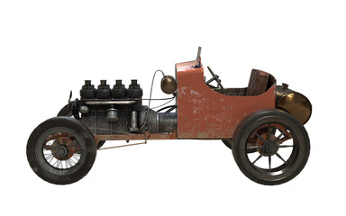 Antique car with front engine without hood on white background