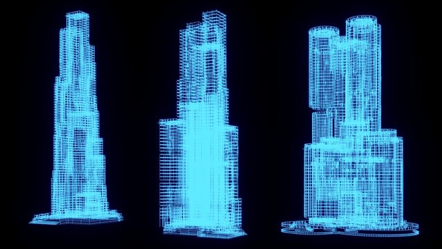 3D rendering illustration Building blueprint glowing neon hologram futuristic show technology security for premium product business finance transportation 