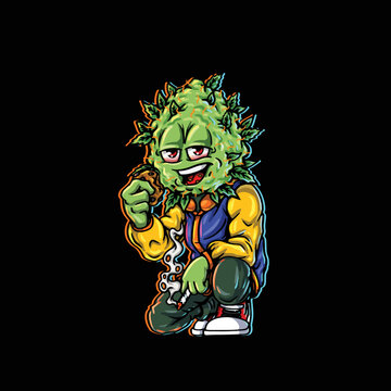 Nug Character Cartoon Mascot Smoking Blunt And Joint From Weed Flower Nug Cannabis Marijuana