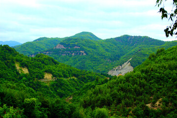 Fototapeta na wymiar Breathtaking landscape in Castel Trosino with various hills and mountains full of greenery standing tall between sparse human settlements with some leaves in the foreground and a placid cloudy sky