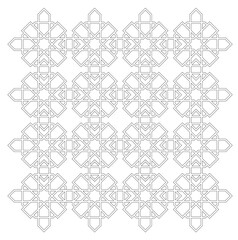 2D CAD drawing of Islamic geometric pattern. Islamic patterns use elements of geometry that are repeated in their designs. The pattern is drawn in black and white. 
