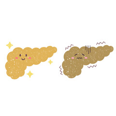 手描きのかわいい元気な膵臓と弱った膵臓