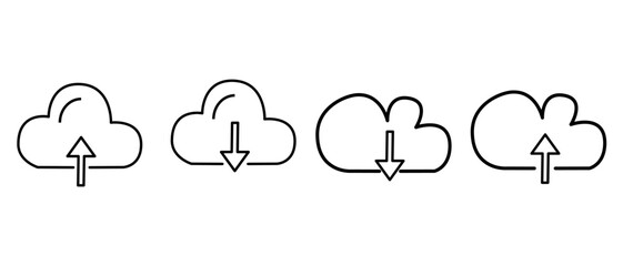 Collection cloud with arrow line icon. Upload and download cloud arrow vector symbols. Clouds with arrows up and down isolated black signs. Cloud Computing, Computer.