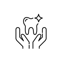 Dental care and medicine. Shining tooth in hands. Pixel perfect, editable stroke line icon