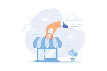Funding small business, backing startup project or banking loan to start new business, investment or saving to open new shop concept, flat vector modern illustration