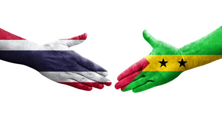 Handshake between Sao Tome and Principe and Thailand flags painted on hands, isolated transparent image.