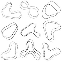 Organic abstract random blob shapes in dashes or dotted line. outline design. Outline fluid irregular shape element. Liquid spot silhouette, water frame, bubble outline, irregular oval, random shape.