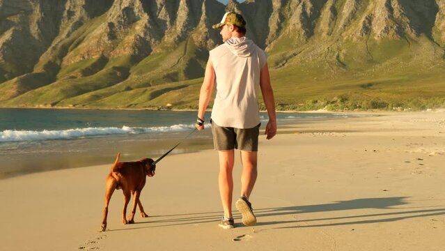 a man in shorts walks cheerfully along the ocean beach with his beloved dog. Morning jogging with pet: man runs together with his dog. people and animals have fun and love together in friendship.
