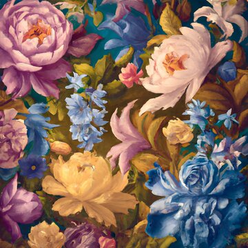 Elegant floral background in Renaissance style. Retro flower art design. 3D digital illustration.