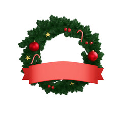 Merry christmas wreath green leaf golden star and candy with text box  for Christmas decorate the place. 3d illustration