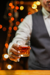 Bartender Serve Whiskey, on wood bar, 