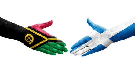 Handshake between Scotland and Vanuatu flags painted on hands, isolated transparent image.