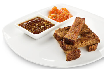 Snack for beer: rye bread croutons with  sauces