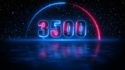Futuristic Blue Red Shine Number 3500 In Half Circle Lines Neon Sign With Light Reflection On Blue Water Surface Starry Night Sky