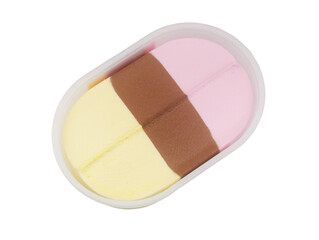 Vanilla, chocolate and strawberry ice-cream in one container isolated on white background.