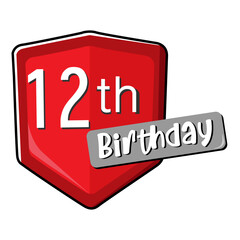 12th birthday on red Secure shield. 
vector illustration isolated on white background. Flat design 
