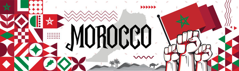 Morocco Flag and map with raised fists. National or Independence day design for Moroccan flag. Modern retro red green star Arab Islamic traditional abstract icons. Vector illustration.