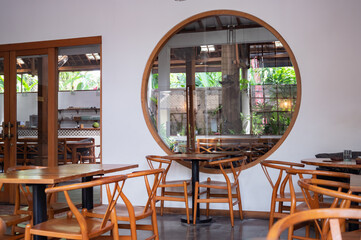 Beautiful interior of Bali style cafe in Ubud, Bali, Indonesia