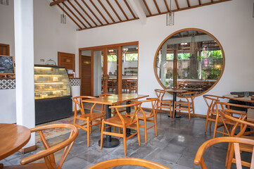 Beautiful interior of Bali style cafe in Ubud, Bali, Indonesia