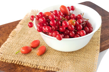 Autumn viburnum berries and rose hips lie in a white bowl, isolated white background.