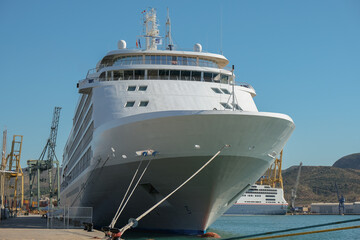 Luxury Silversea Silver cruiseship cruise ship liner yacht Shadow Whisper in port of Cartagena, Spain