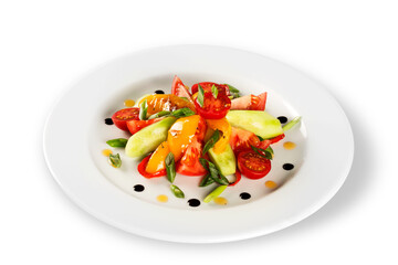 Close-up of tasty fresh salad in white plate isolated on white background