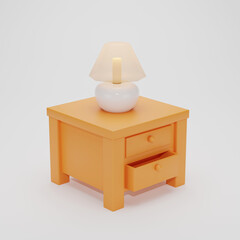 3D bedside tables with lamp on white background, wood bedside tables, 3d illustration cartoon. 3D rendering