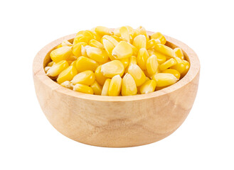 Corn seeds in wood bowl isolated on transparent png