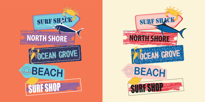 Wooden way direction sign, sunny day on beach and surfing vector illustration for t shirt and postcard print
