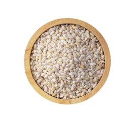 Pile of pearl barley in wood bowl isolated on transparent png