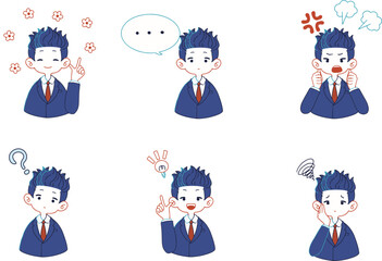 スーツを着た人物の様々な表情のイラストセット