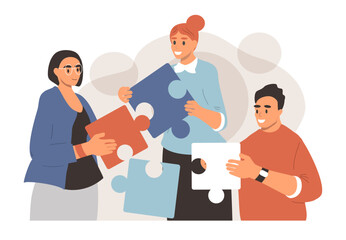 vector illustration in a flat style on the theme of teamwork. various people holding puzzle pieces