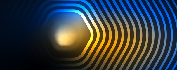 Fototapeta premium Neon shiny hexagons abstract background, technology energy space light concept, abstract background wallpaper desig