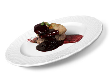 Close-up photo of tasty food in white plate isolated on white background