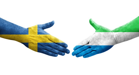 Handshake between Sierra Leone and Sweden flags painted on hands, isolated transparent image.