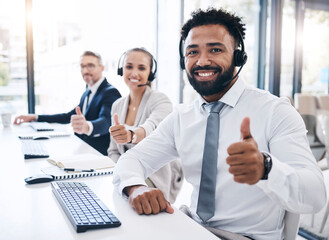 Thumbs up, call center staff and black man, success in the workplace, diversity and crm in customer...
