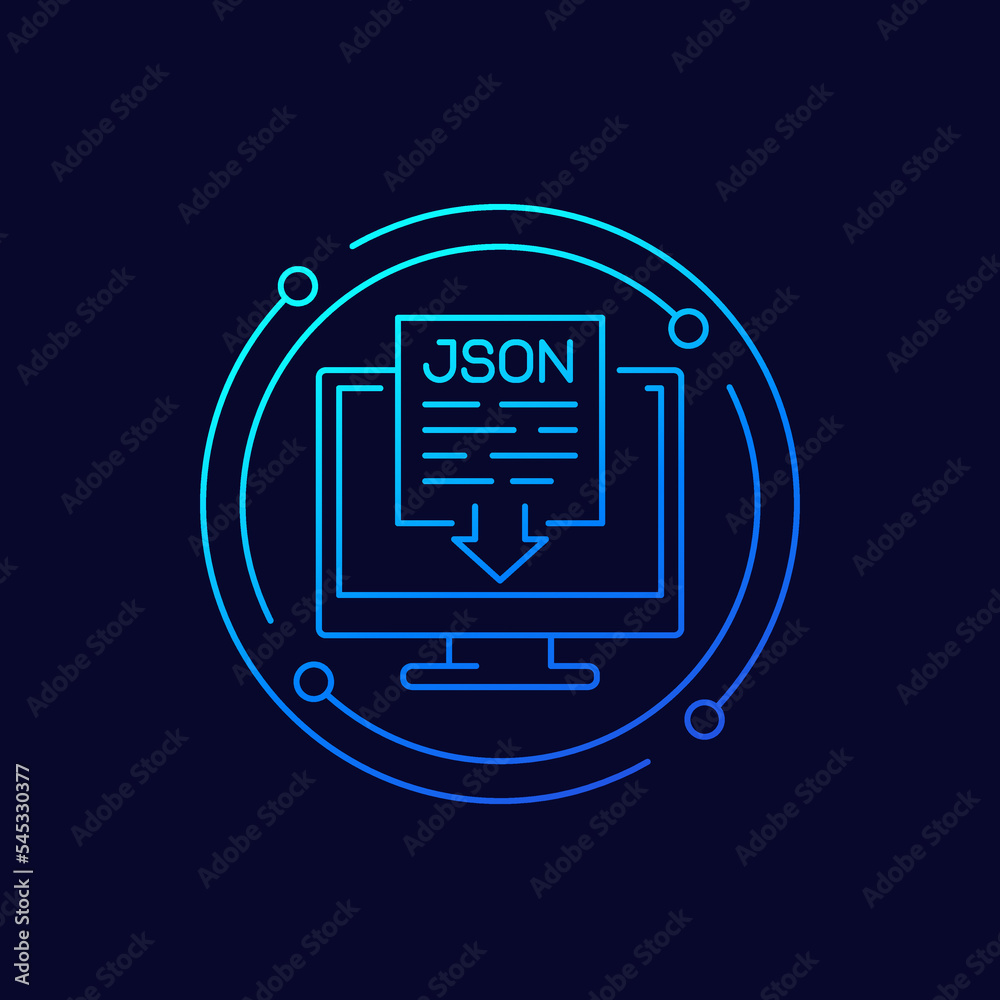 Poster JSON file download icon with computer, linear design