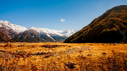 Mount Cook National Park, South Island, New Zealand during cold and windy winter morning. One of the most beautiful viewing point of Aoraki Mount Cook.