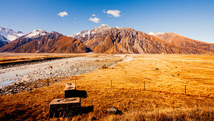 Mount Cook National Park, South Island, New Zealand during cold and windy winter morning. One of the most beautiful viewing point of Aoraki Mount Cook.