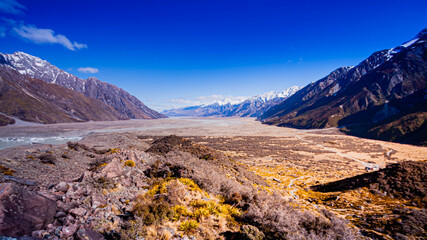 Mount Cook National Park, South Island, New Zealand during cold and windy winter morning. One of the most beautiful viewing point of Aoraki Mount Cook.