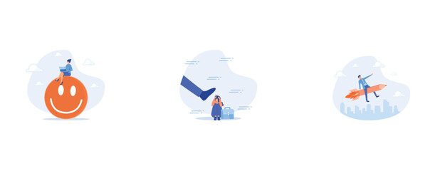 Work happiness or job satisfaction, colleagues bullying or discrimination, imagination or creative freedom, set flat vector modern illustration