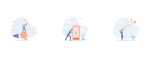 Discredit or blame other people, Exhausted and fatigue from hard work, Social media marketing, set flat vector modern illustration