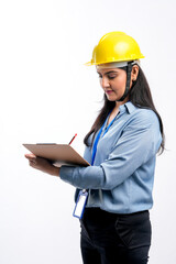 Indian woman engineer giving expression on white background.