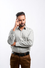 Indian man giving thinking expression on white background.