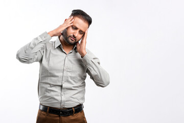 Indian man giving stress or unhappy expression on white background.