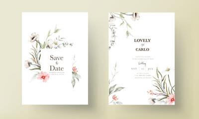 beautiful watercolor wedding invitation card with elegant flower and tiny foliage - obrazy, fototapety, plakaty