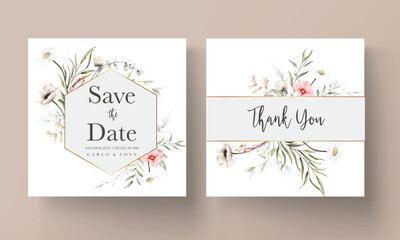 Fototapeta na wymiar beautiful watercolor wedding invitation card with elegant flower and tiny foliage