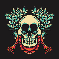 Skull and Leaf Vector Retro Illustration
